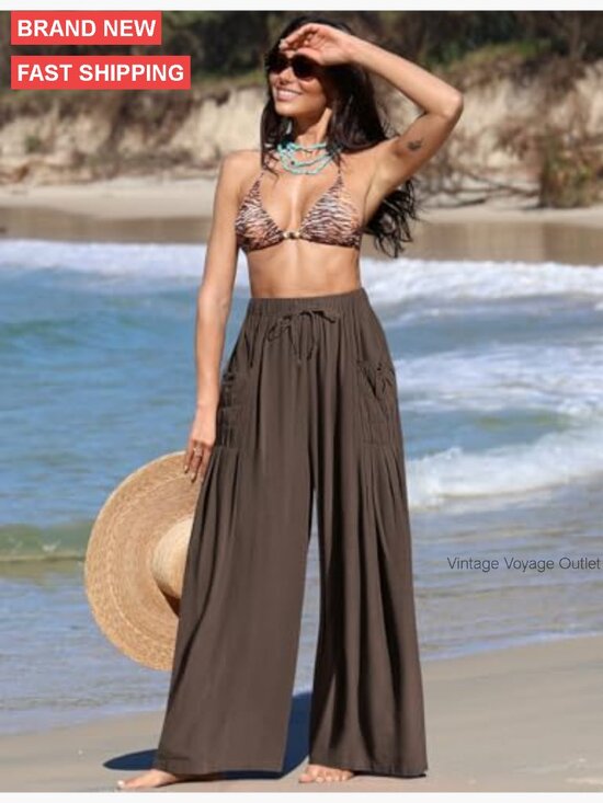 Linen Palazzo Pants Wide Leg Drawstring Casual Lounge Boho Beach - Picture 2 of 4